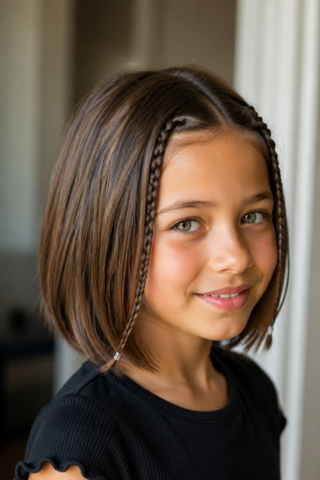 Close-up of a child wearing a bob with mini braids at the temples in bright light