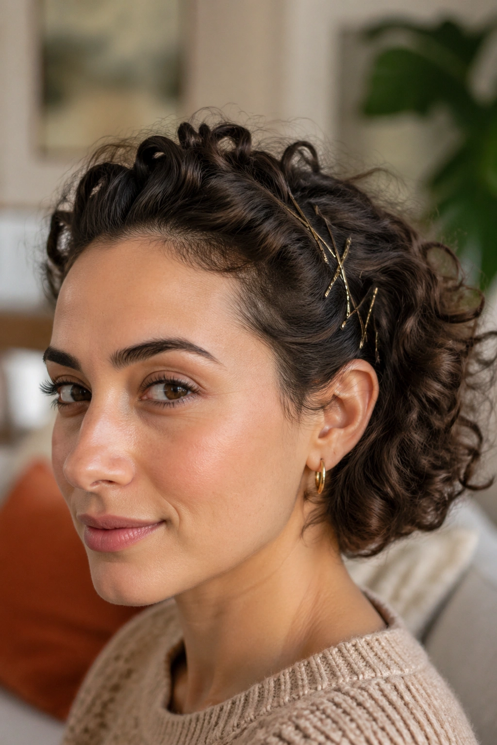 Close-up of a real woman with a curly bob showing a bobby-pin crown lifting the hairline