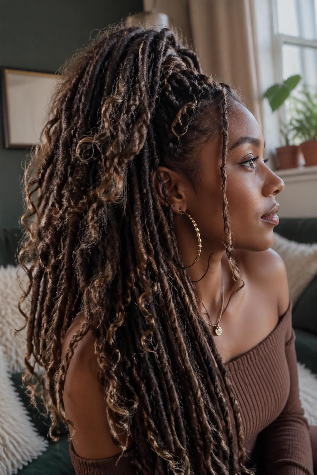 Close-up of a real person with bohemian textured loc extensions featuring loose waves and curls