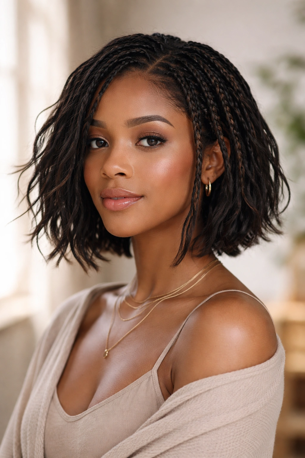 Boho bob braids with loose pieces creating relaxed texture