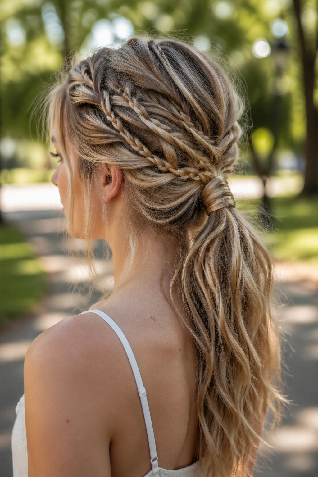 Close-up of a real woman with boho braided half-pony hairstyle