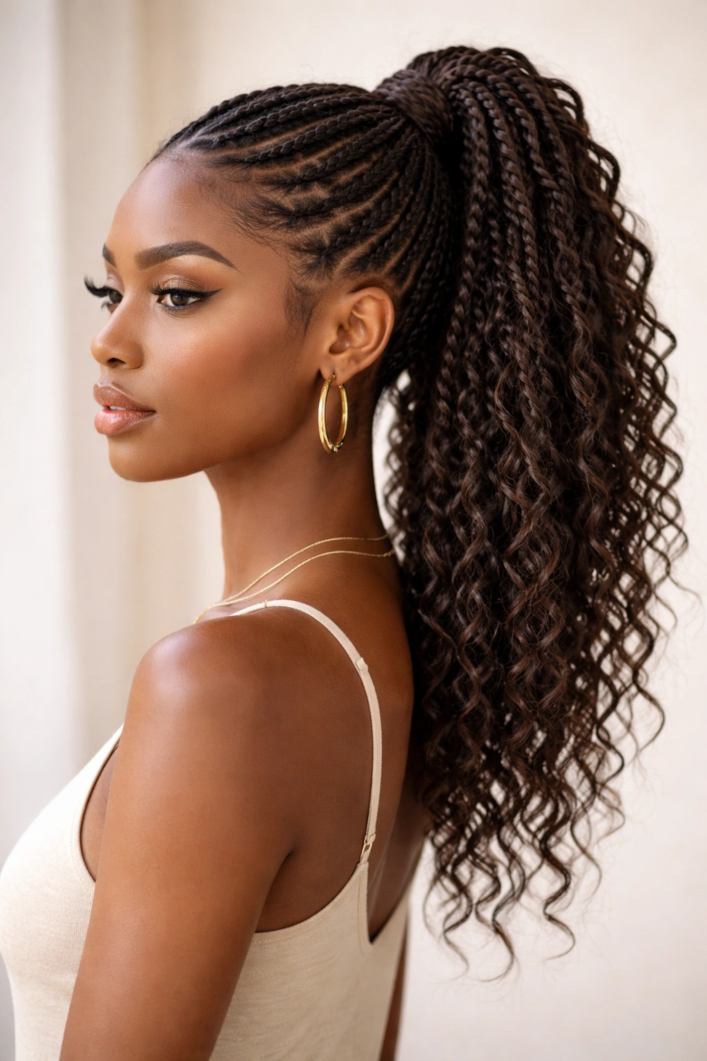 High ponytail with boho braids cascading down