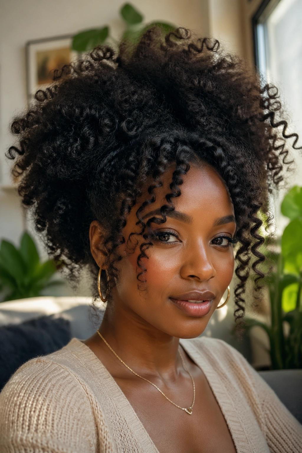 Close-up portrait of a real woman with boho crochet afro and loose curls.