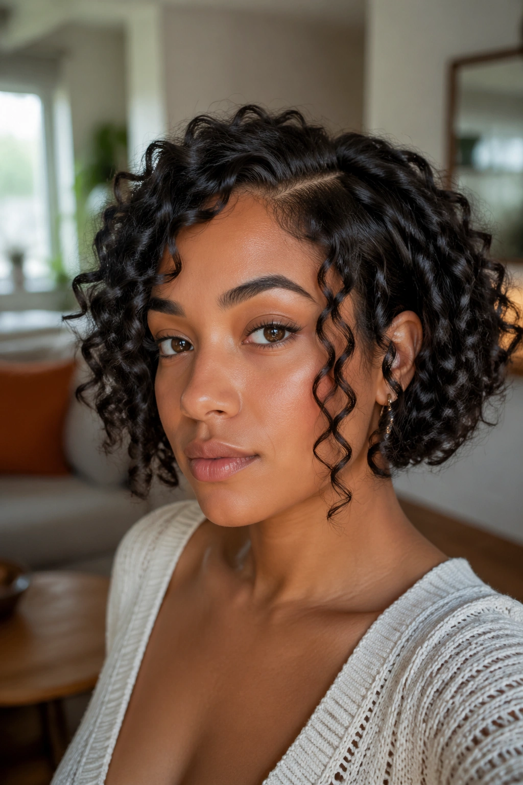 Close-up of a real woman wearing a boho curly crochet bob with loose tendrils at temples in natural window light