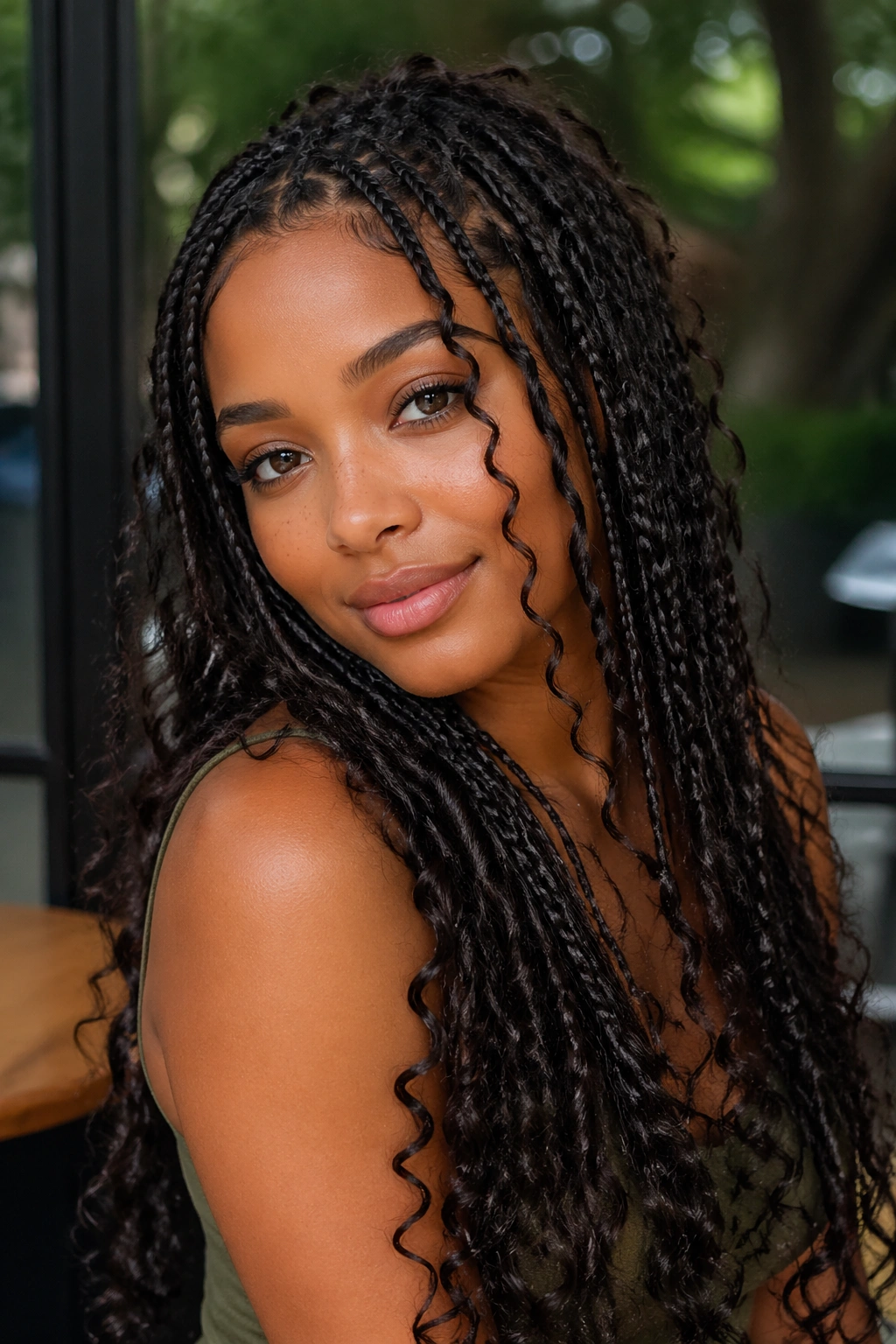 Real woman with boho curly knotless braids and free-form pieces in natural light.