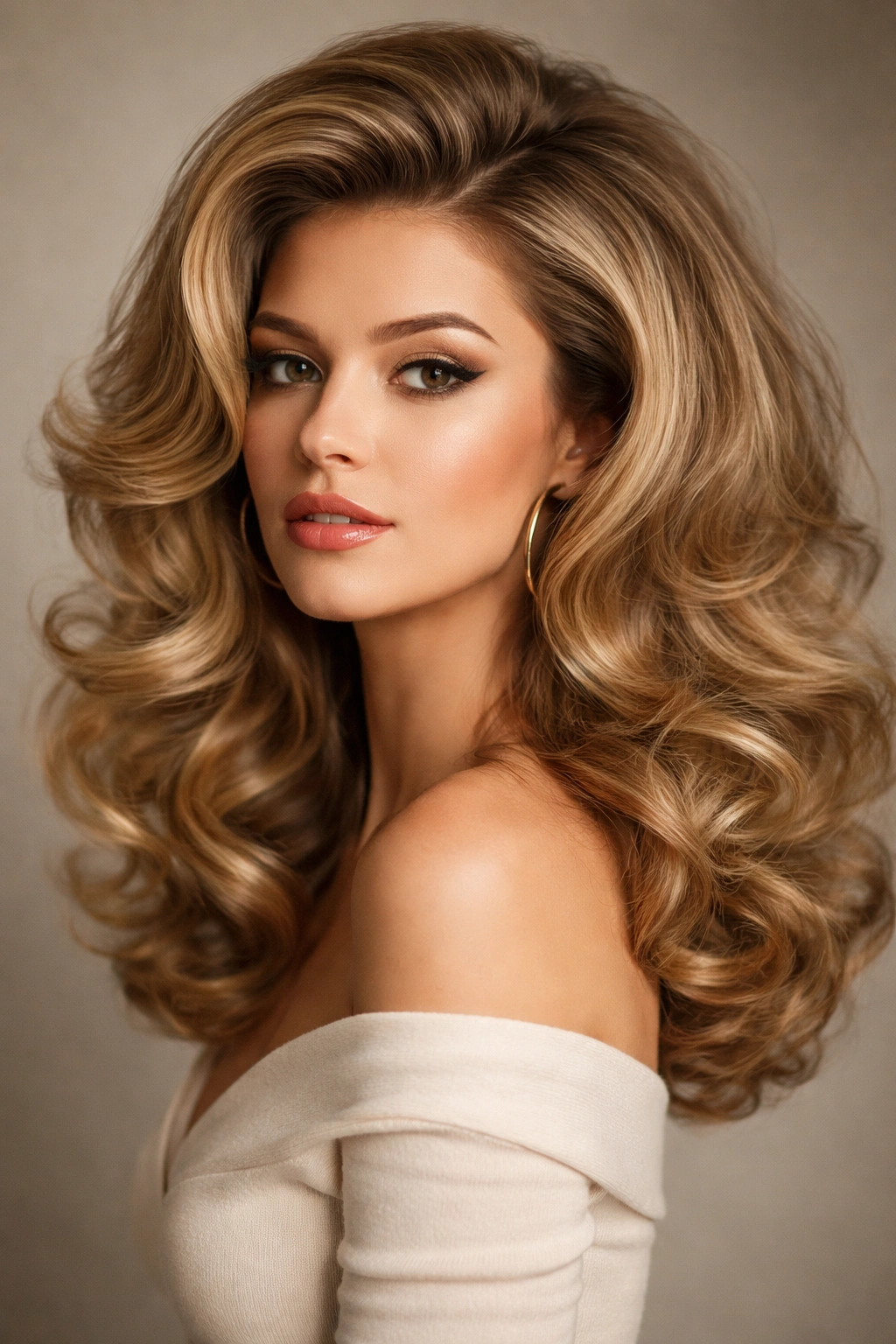 Close-up of glossy, lifted curly hairstyle with crown volume