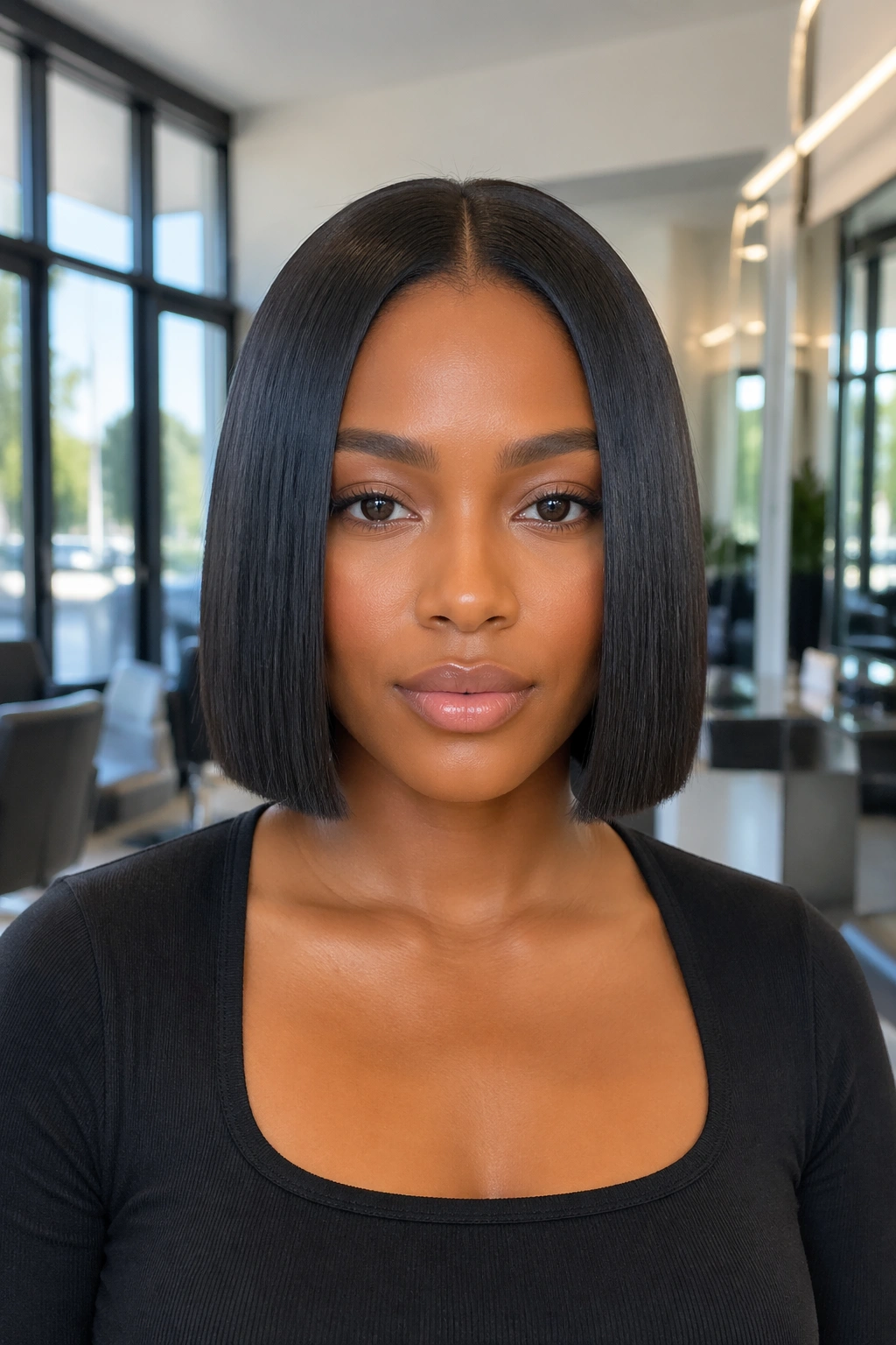 Real person with bone-straight middle-part bob hairstyle