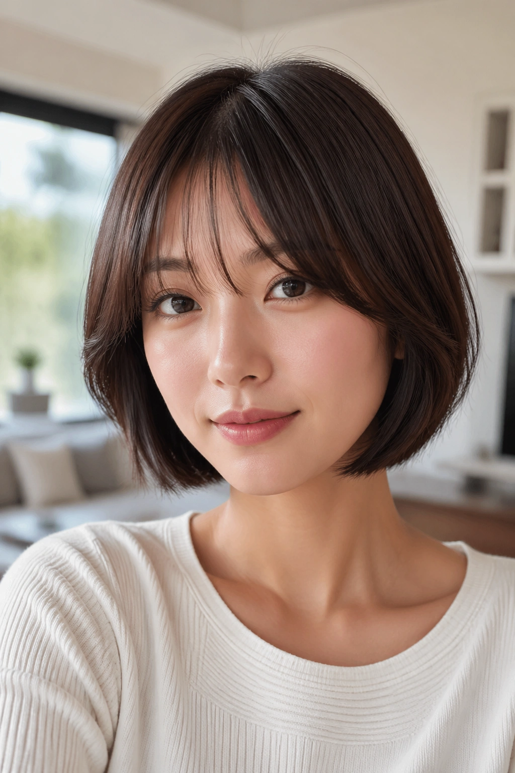 Portrait of a real woman with bottleneck bangs framing a bob in a bright living room