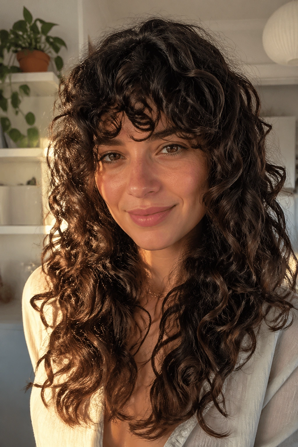 Portrait of a real woman with bottleneck bangs and layered curls.
