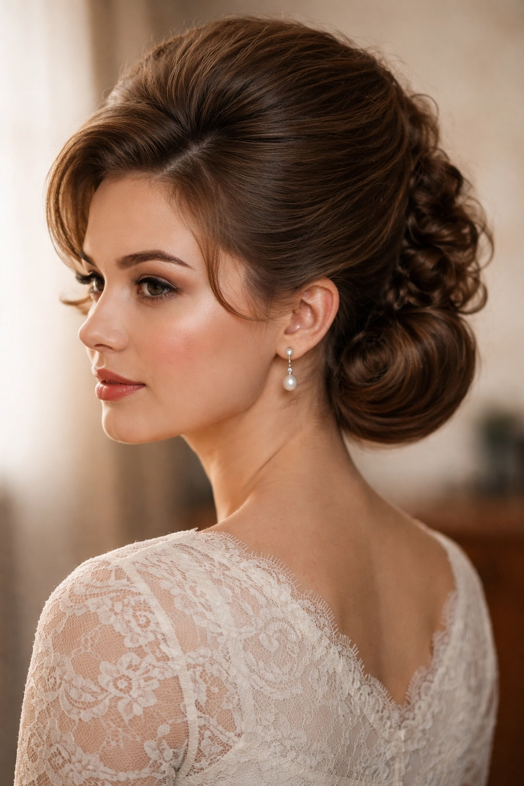 Bouffant crown with low nape roll on curly hair