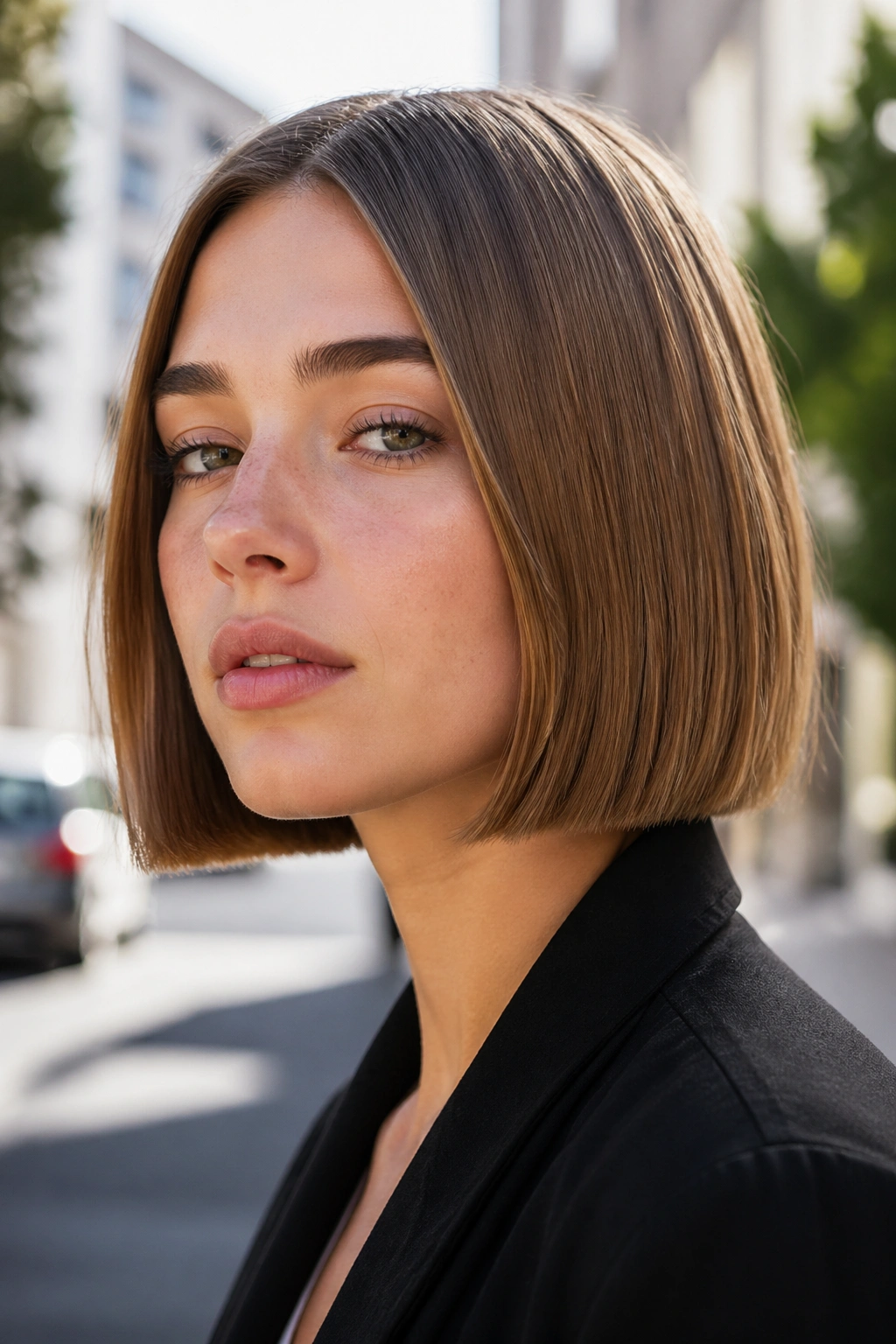 Close-up of a real woman's blunt box bob with crisp jawline