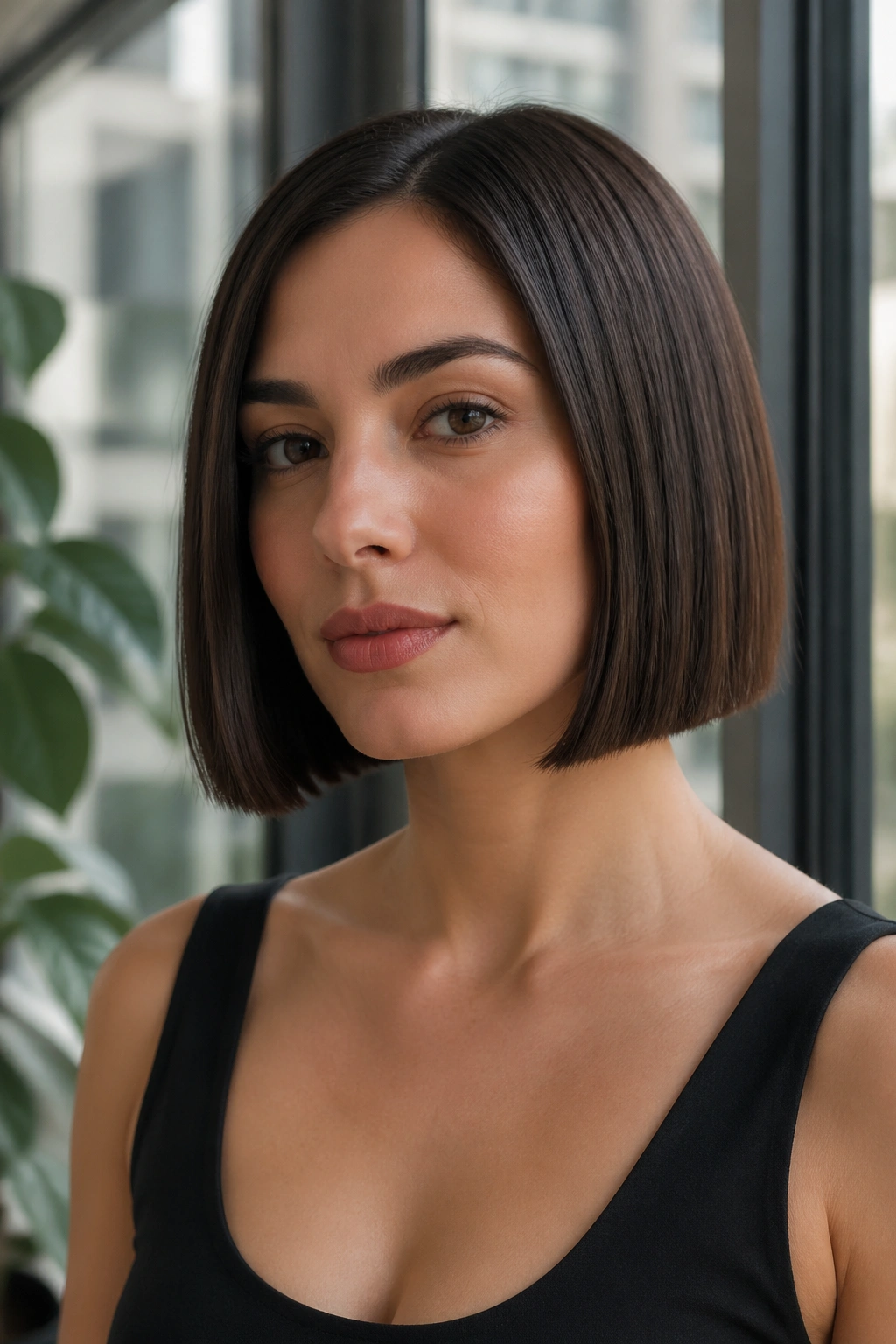 Close-up portrait of a real woman with a blunt box bob and a clean edge