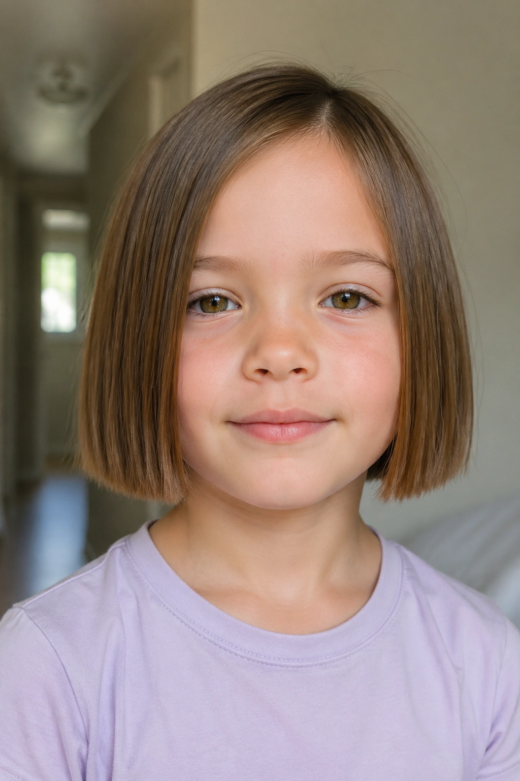 Close-up portrait of a child with a box bob with a clean straight edge