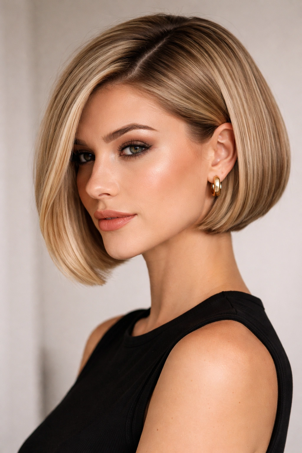 Squared box bob with deep side part and clean perimeter