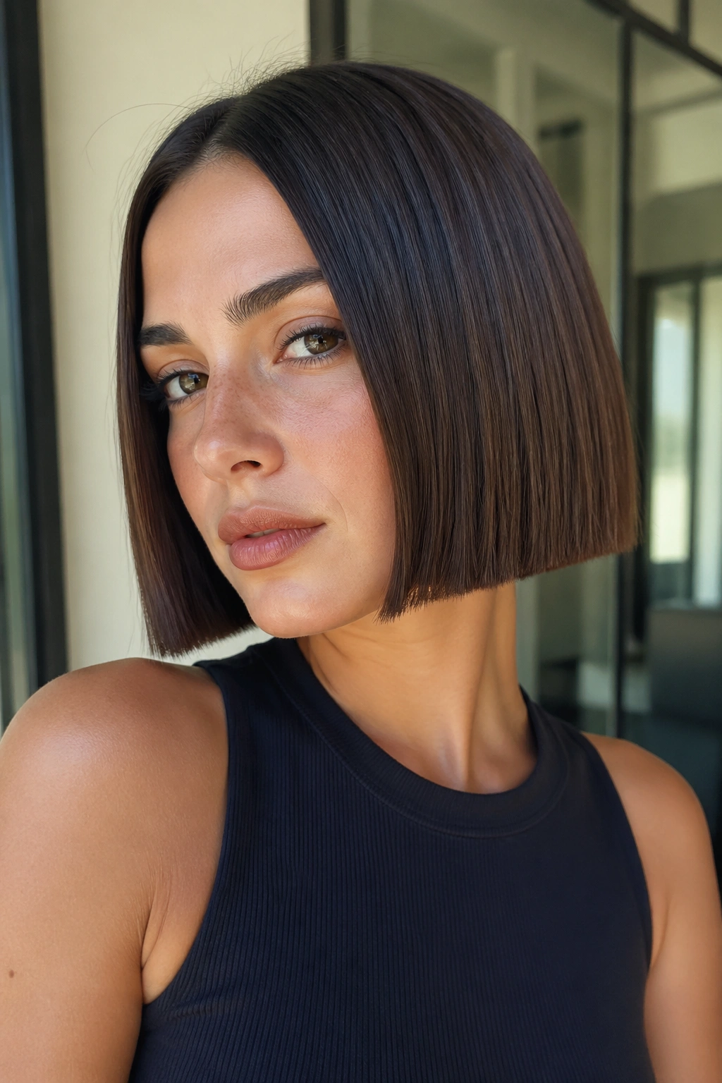 Close-up of a real woman with a box bob in soft indoor daylight