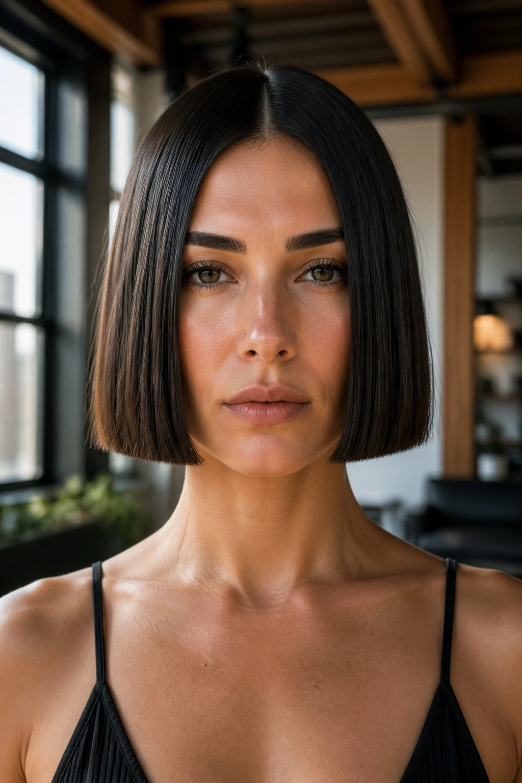 Portrait of a woman with a squared-off boxy blunt bob