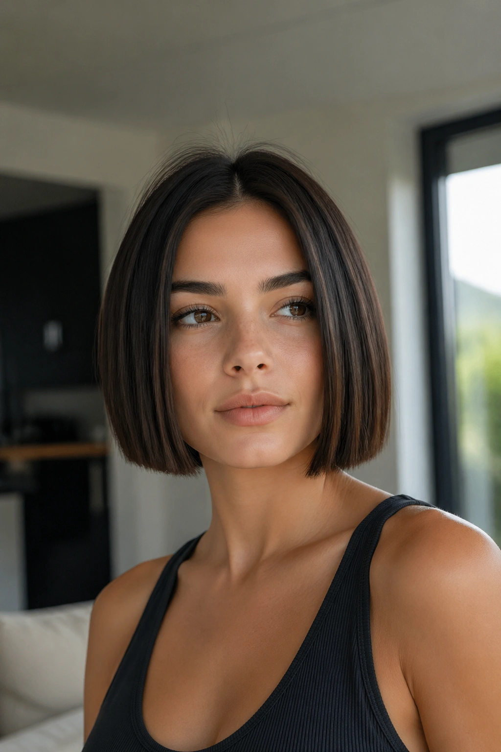 Close-up of a real woman with a squared-off box bob in natural light