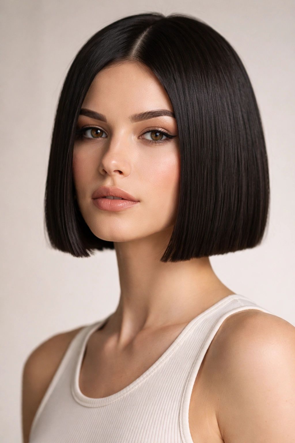Close-up of box bob with square blunt outline on straight hair in studio portrait