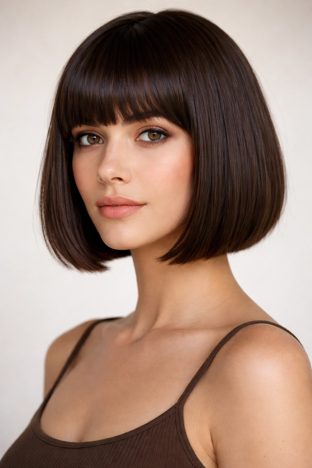 Chin-length box bob with thick straight bangs against a neutral backdrop