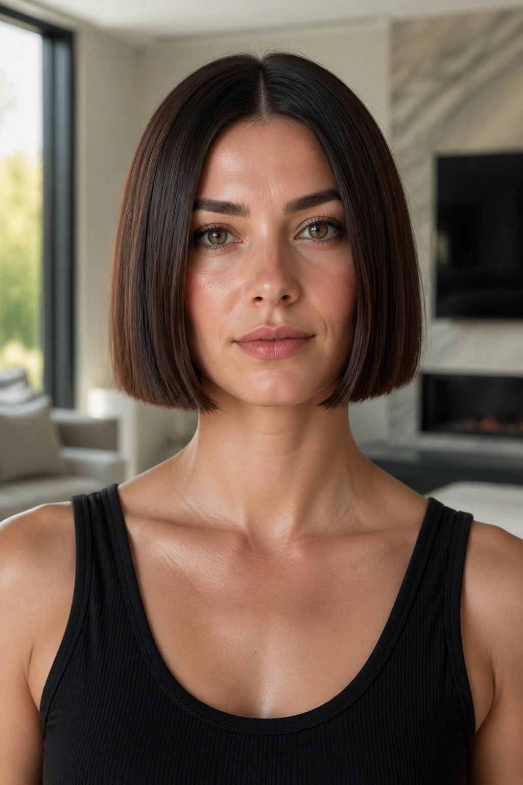Portrait of a real woman with a blunt box bob for thick coarse hair