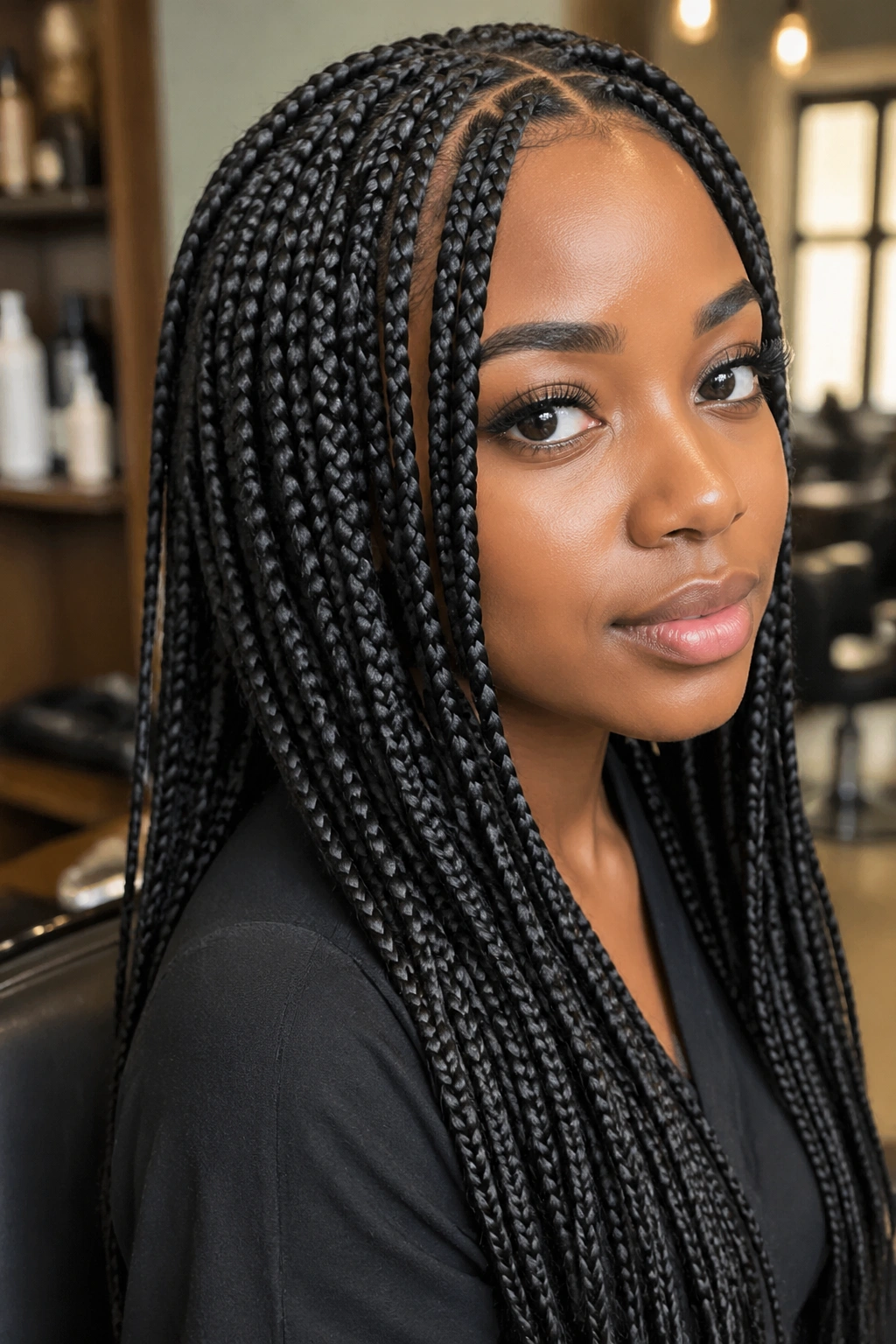 Close-up of a real person with medium box braids in a salon setting