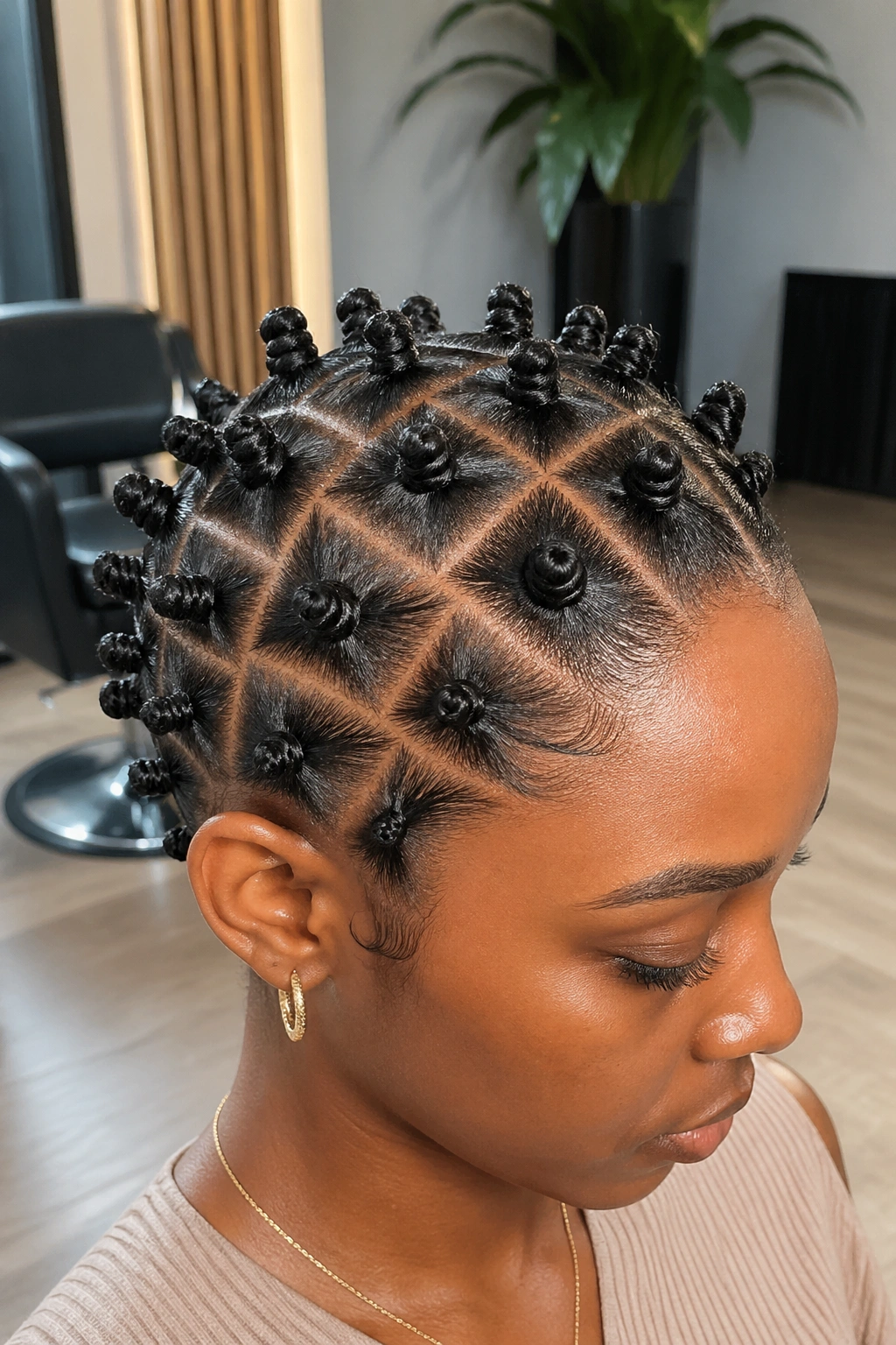 Real woman with knots arranged in a clean box-part grid