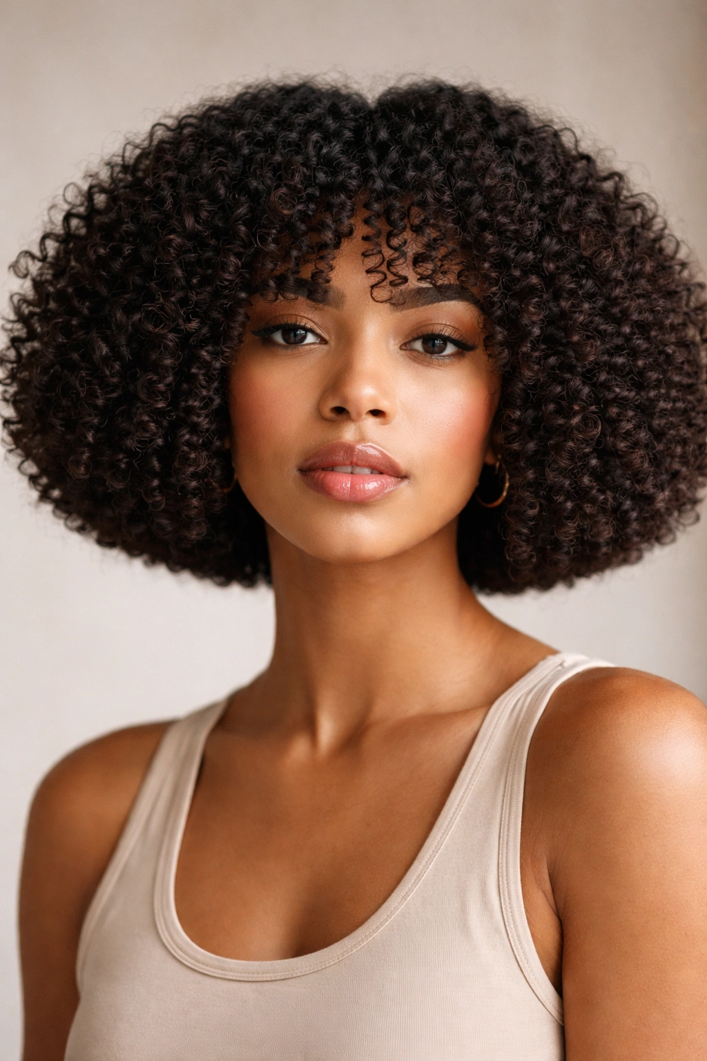 Blunt boxy bob with crisp edge and dense curls
