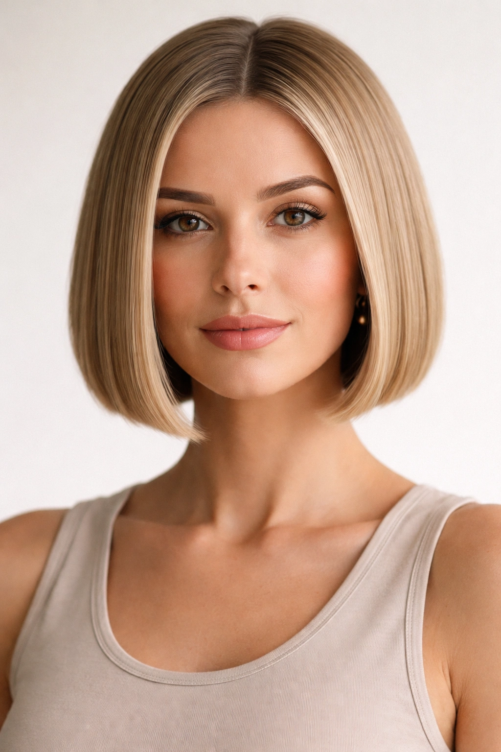 Frontal view of a boxy blunt bob with a sharp edge