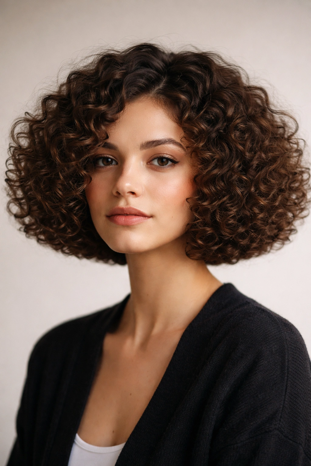 Portrait of a girl with a boxy curly bob, blunt bottom and dense uniform curls.