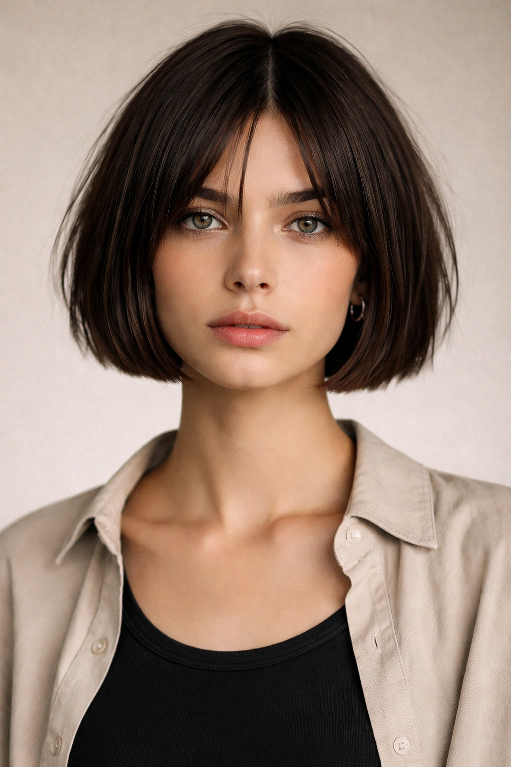 Model with a boxy layered bob showing a square silhouette and inner texture