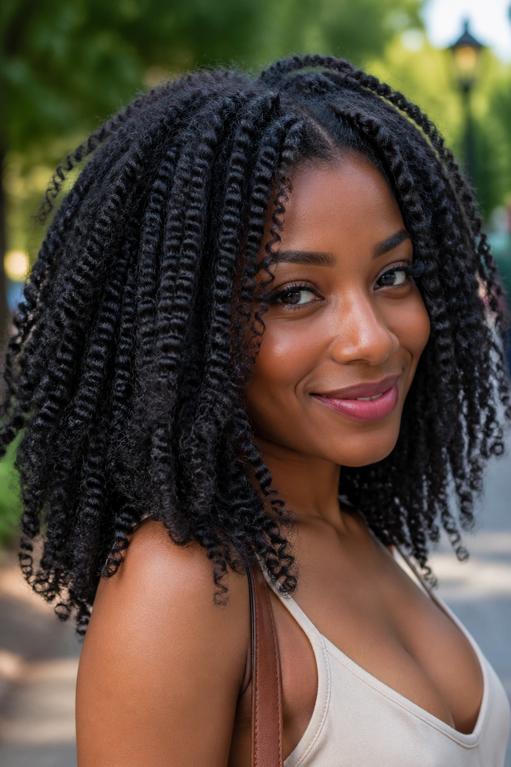 Close-up of a real woman with a braid-out showing elongated waves.
