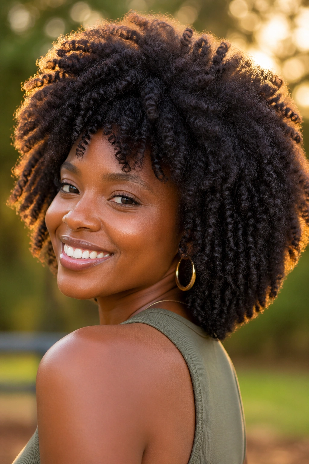 Close-up of real woman's head with a fluffy braid-out Afro under golden-hour outdoor light