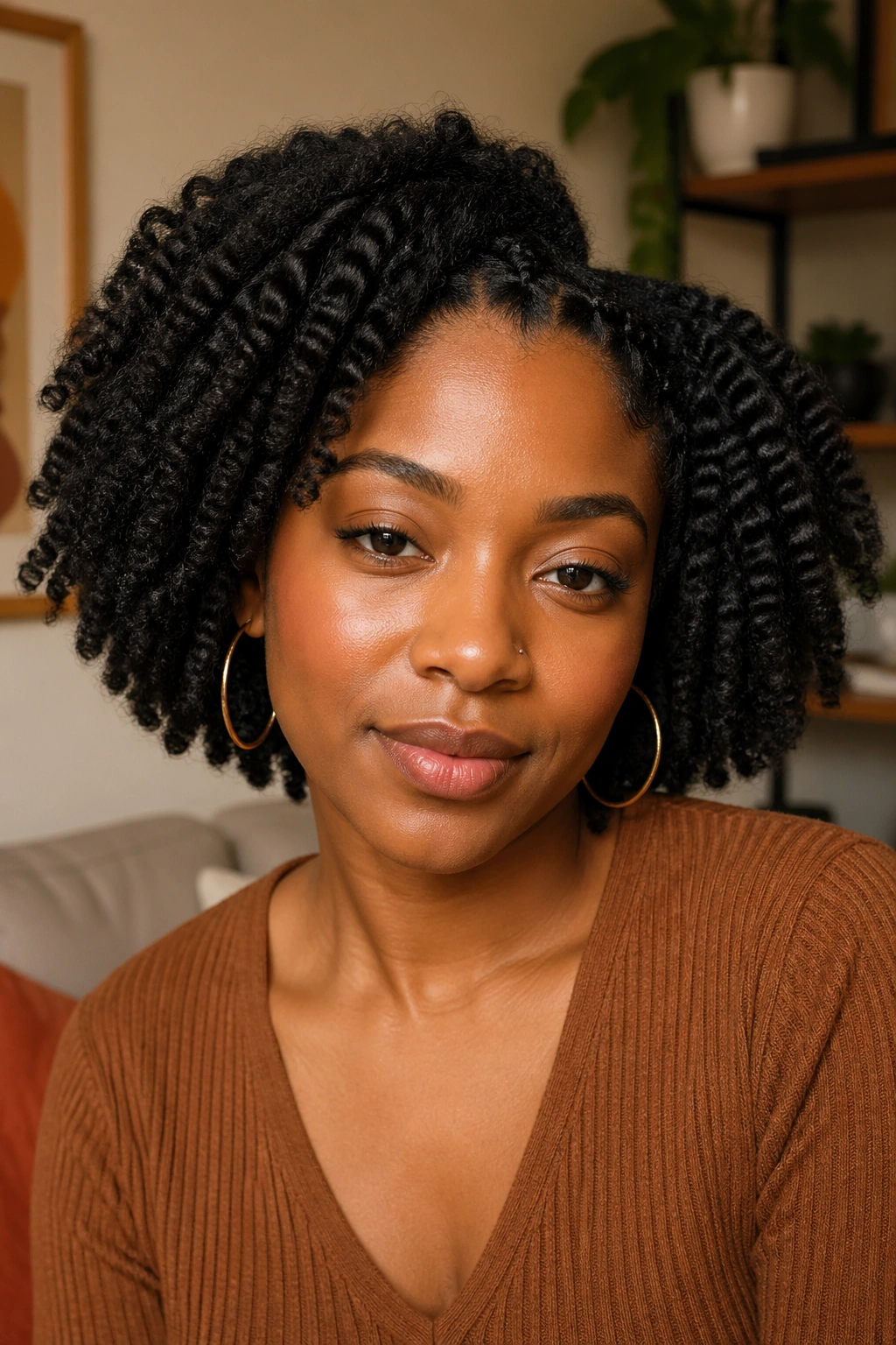 Braid-out afro close-up portrait with braided texture
