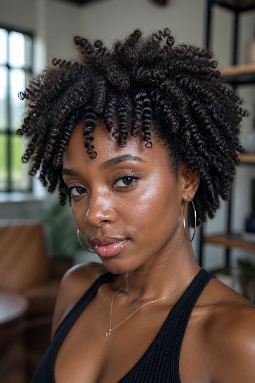 Real person with braid-out fro showing ribbed pattern at roots and ends.