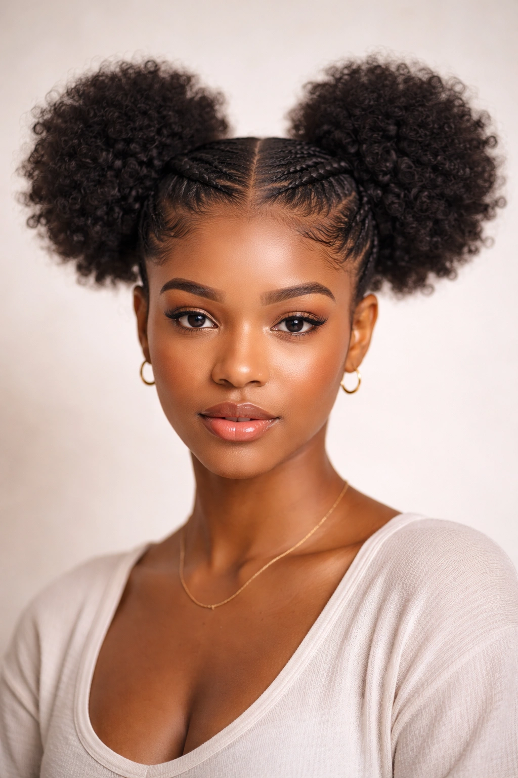 Close-up headshot of braided-base double afro puffs with base braids along the hairline.