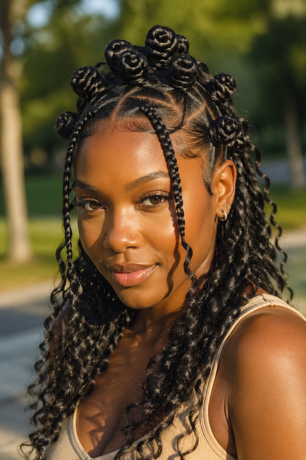 Close-up portrait of a real woman with braided bangs and neat knots in a half-up hairstyle