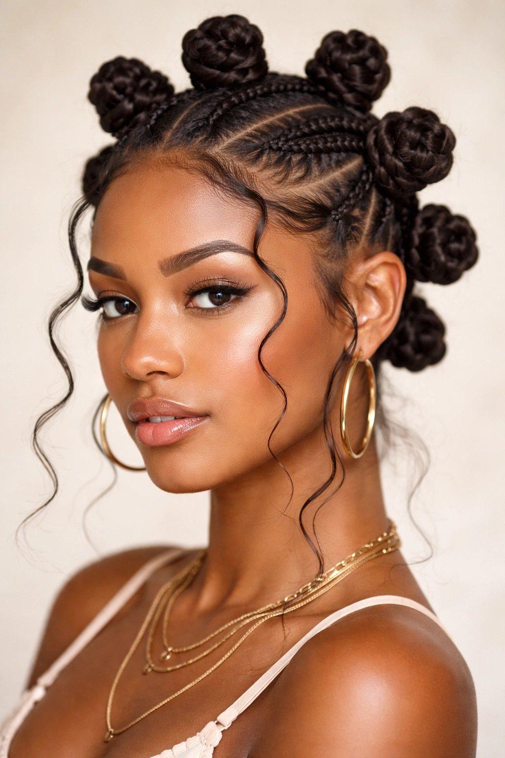 Close-up of braided-base Bantu knots with tight roots and textured coils