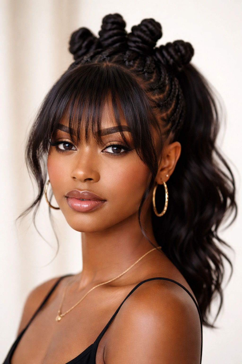 Close-up of braided-base Bantu knot ponytail with feathered bangs