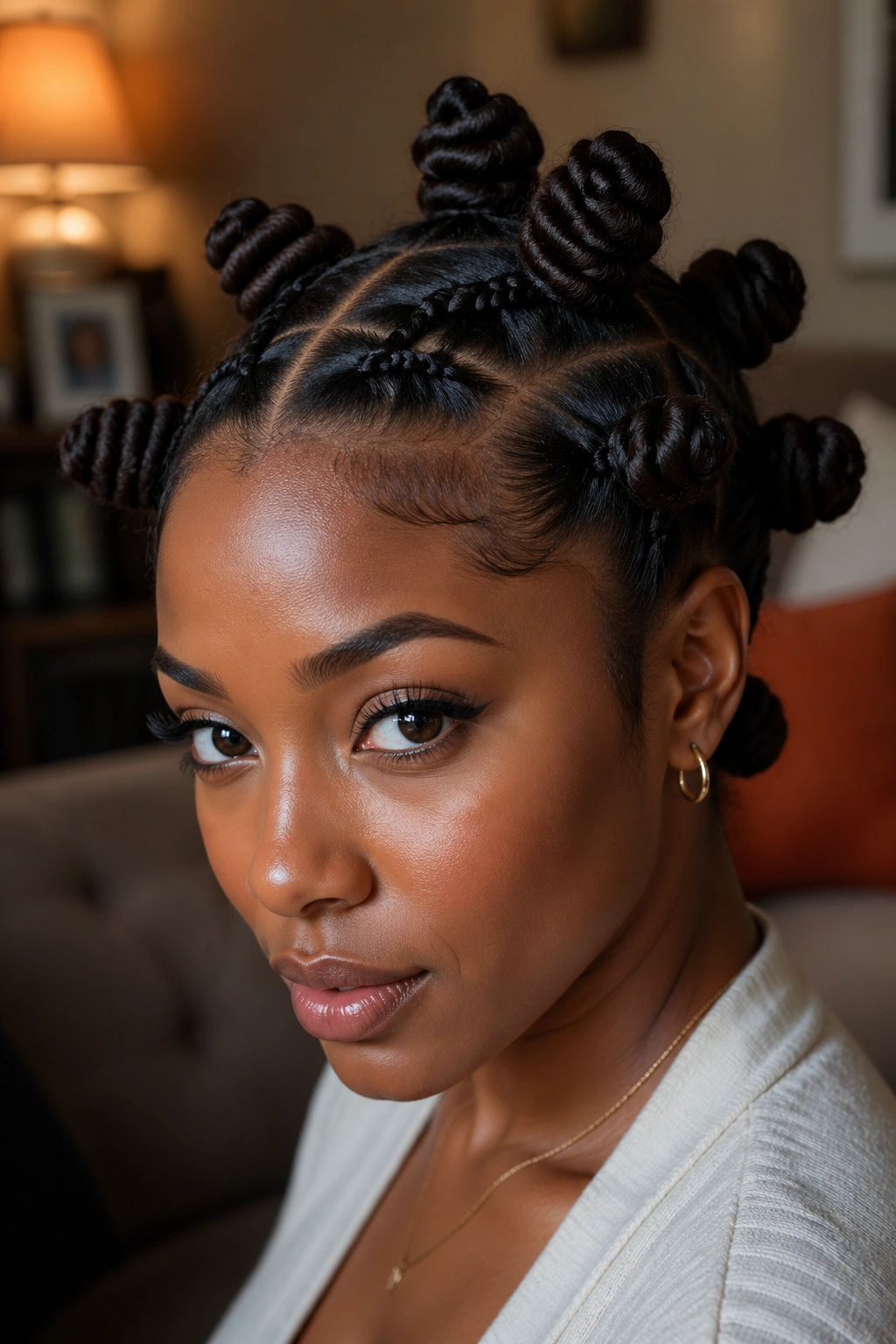 Close-up portrait of a real person with braided-base Bantu knots anchored at the root