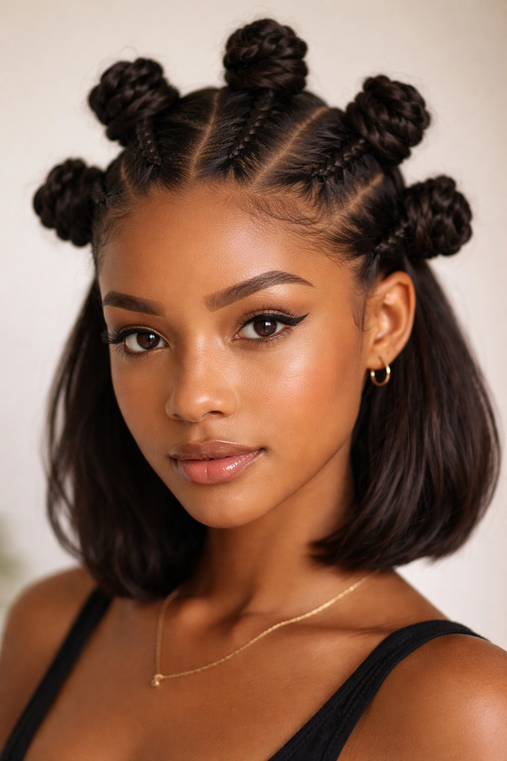 Bantu knots with braided base anchoring at the roots for slippery hair