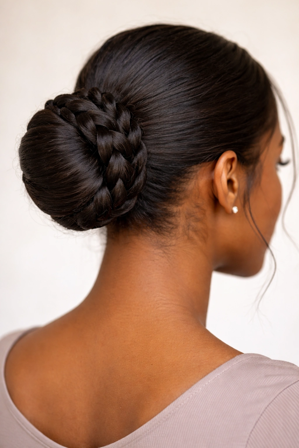 Braided Base Bun: single strong braid wrapped into a compact bun at the base