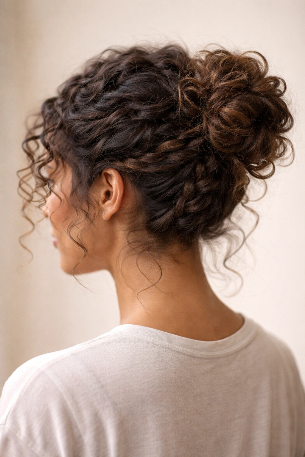 Braided base messy bun with a loose braid forming the bun