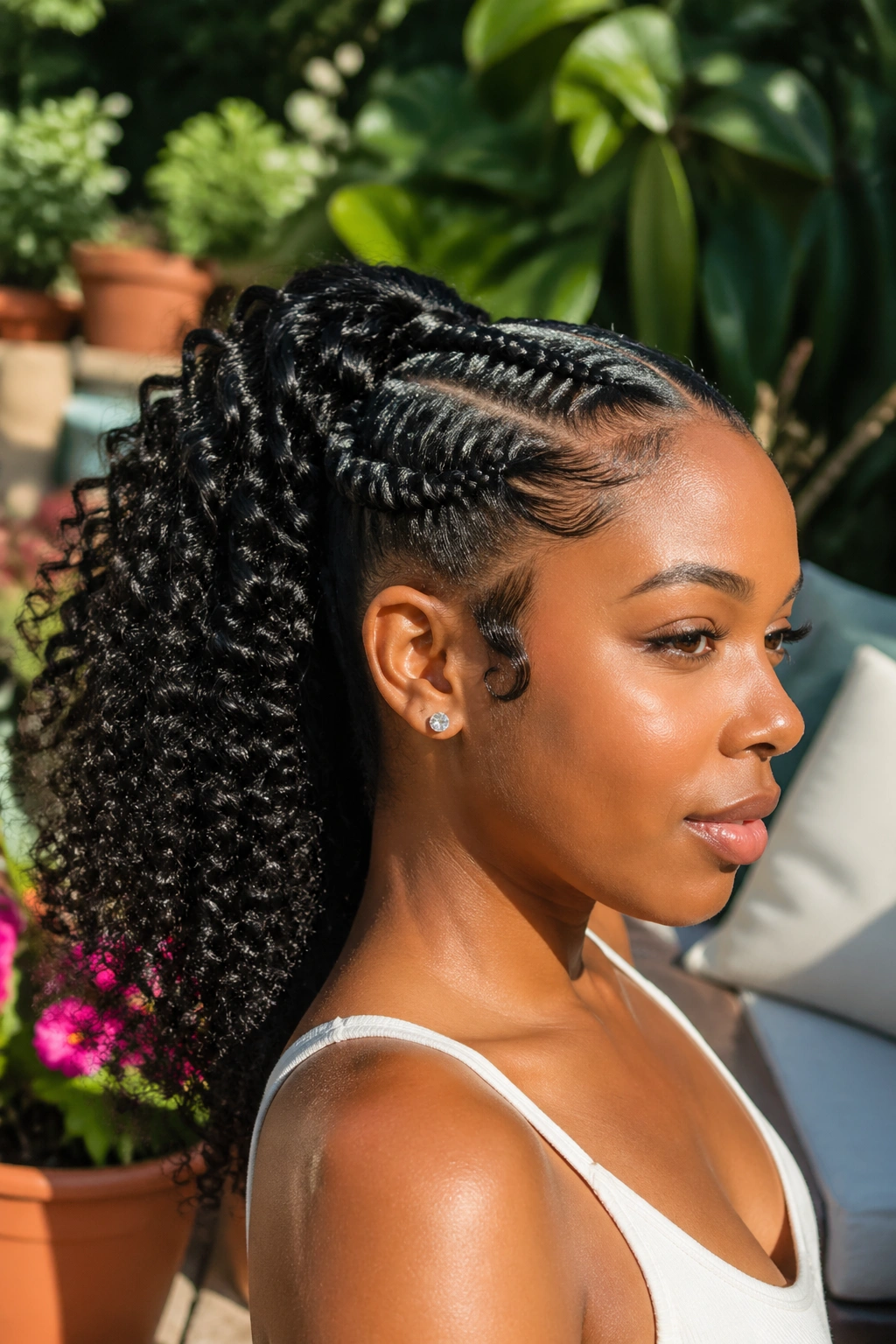 Close-up of a Black woman with a braided-base curly ponytail