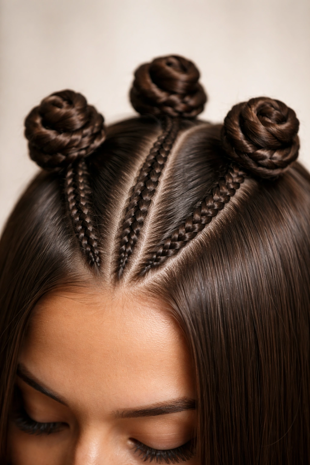 Close-up of braided-base Bantu knots with visible root braids on straight hair
