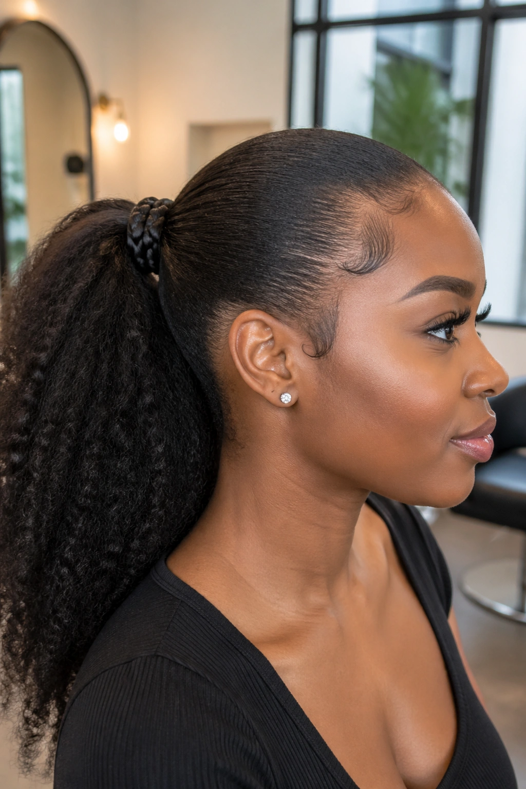 Close-up of a real person with a braided-base ponytail in a salon setting
