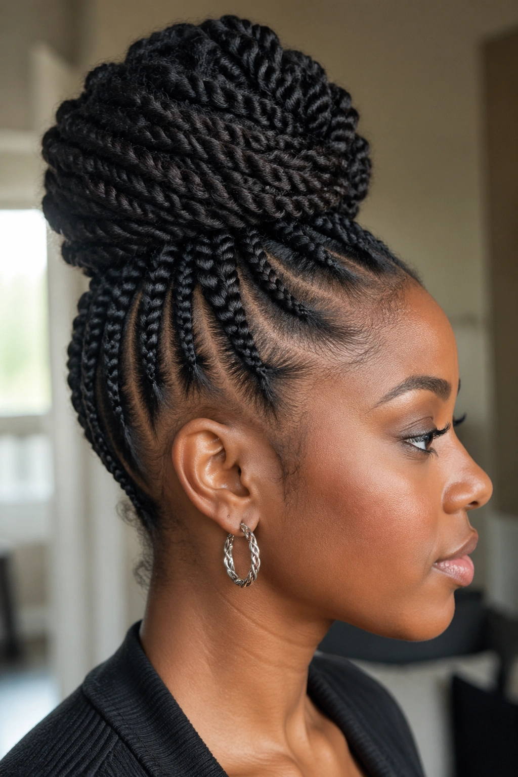 Real woman with braided-base twist bun showing braided perimeter under the bun