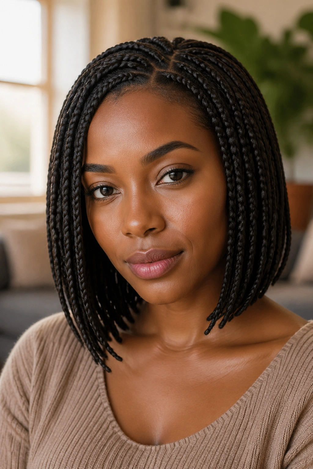 Close-up of a real woman with a braided bob under warm window light