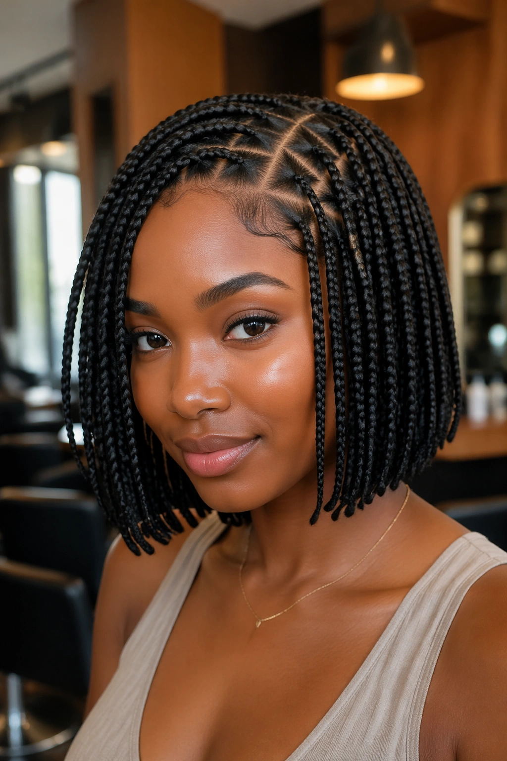 Close-up of a real person with a braided bob and triangle parts