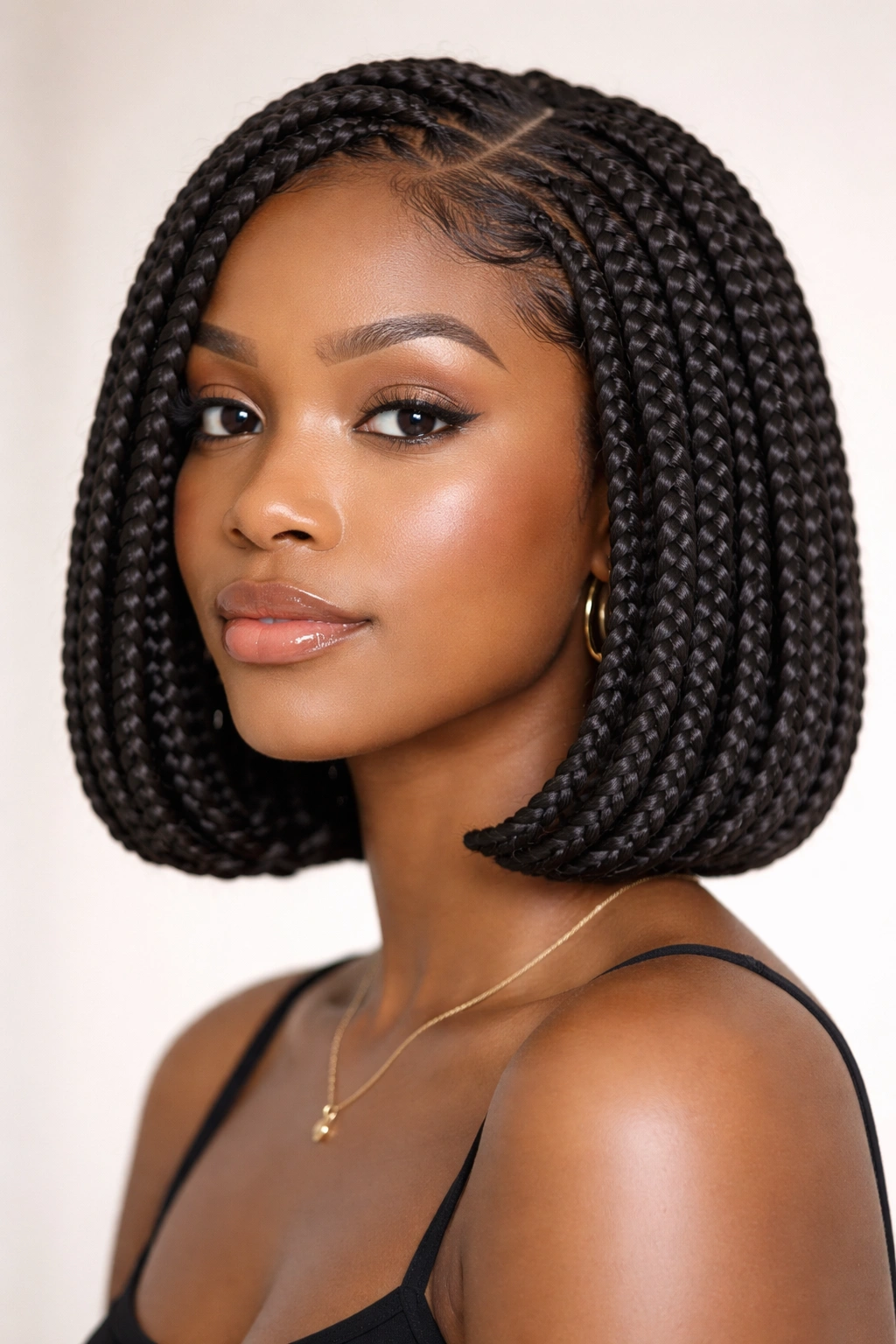 Close-up of braided bob with tucked ends on natural hair