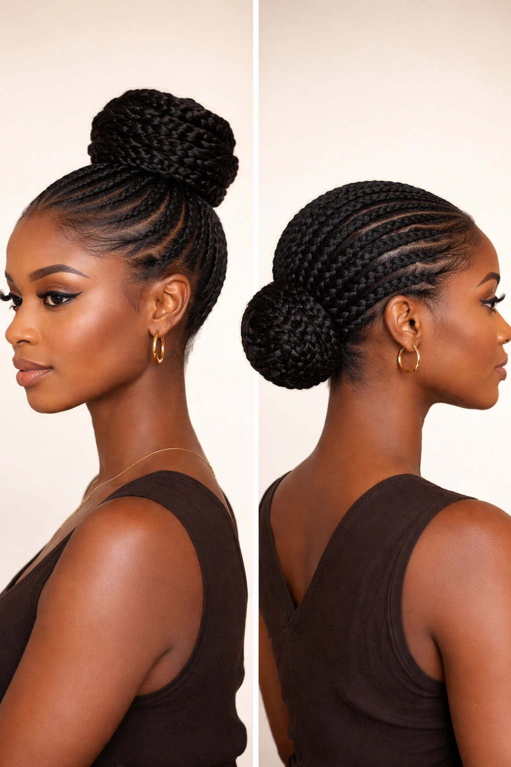 Braided bun at the back of the head with a sleek, balanced base